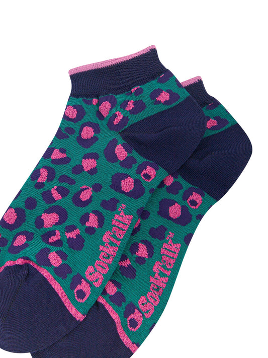 Leopard-Print-Women's-Bamboo-Trainer-Socks-in-Forest-Green-Close-Up