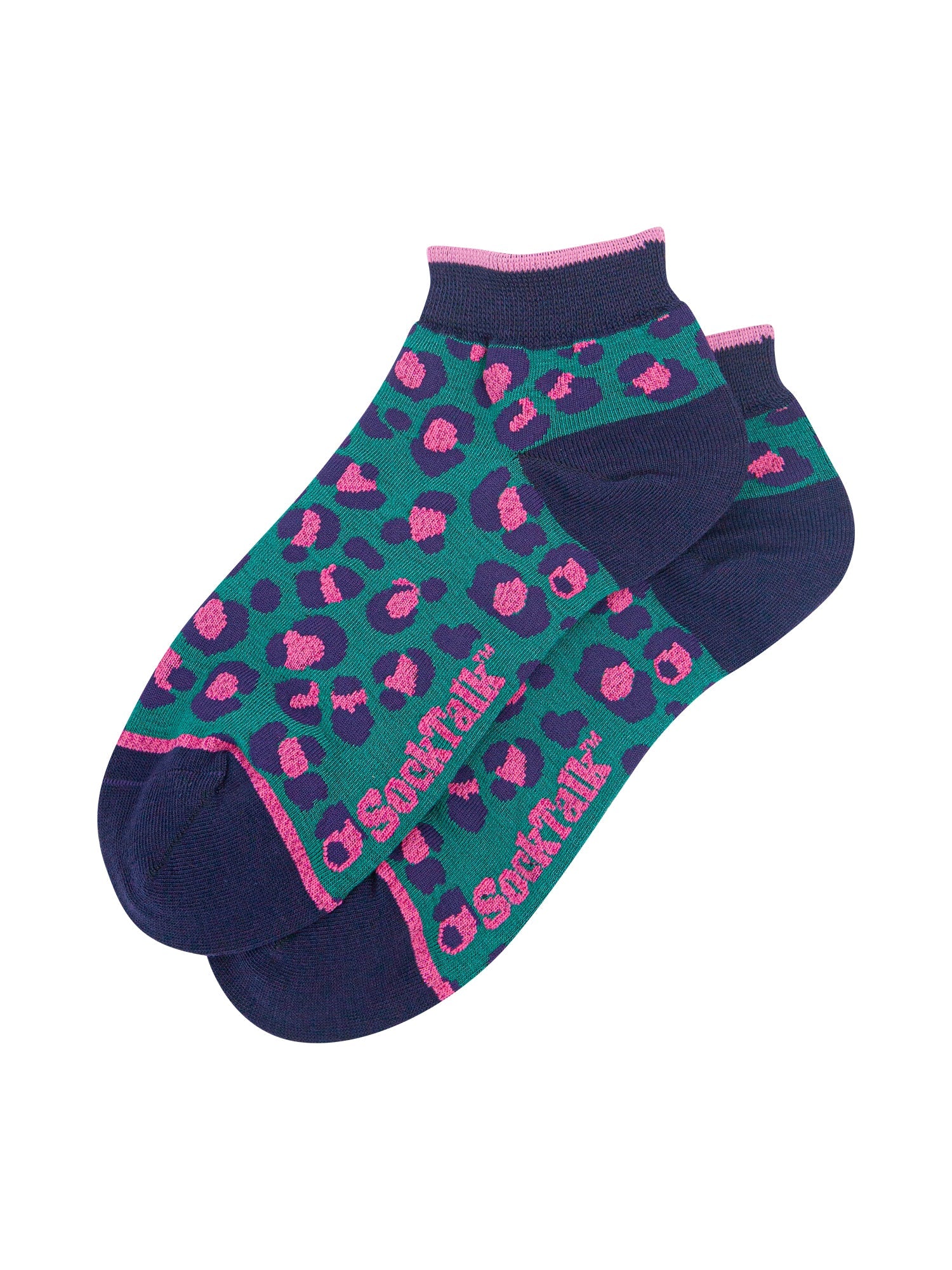 Leopard-Print-Women's-Bamboo-Trainer-Socks-in-Forest-Green-Laid-Flat