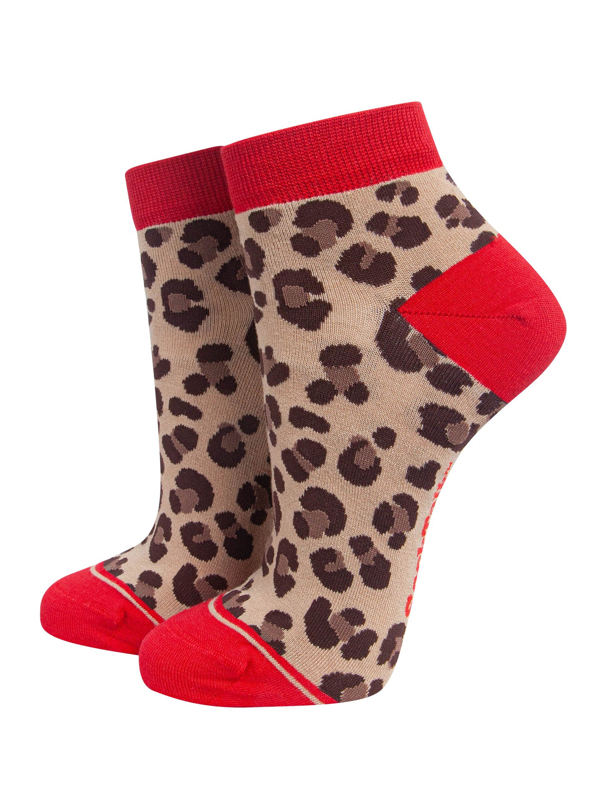 Leopard-Print-Women's-Bamboo-Trainer-Socks-in-Beige/Red-On-Mannequin