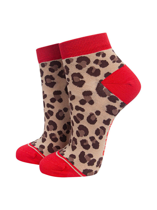 Leopard Print Women's Bamboo Trainer Socks in Beige/Red