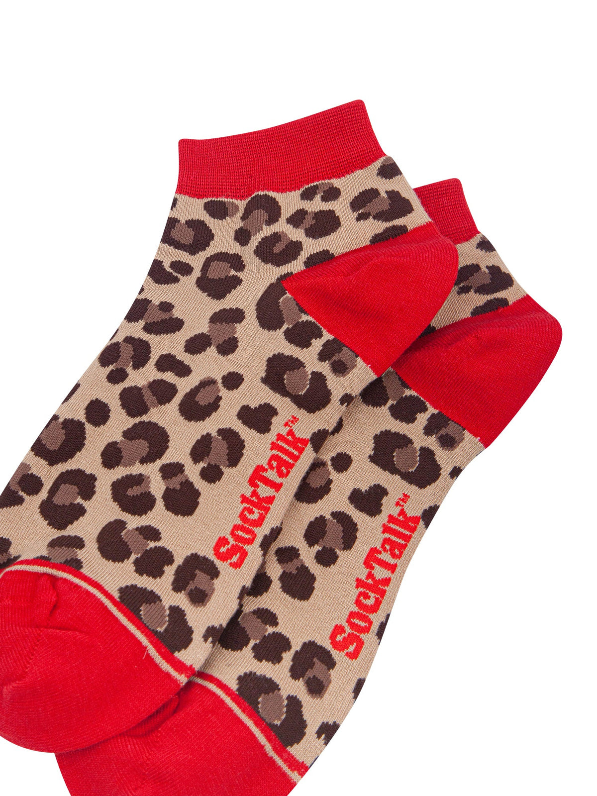 Leopard-Print-Women's-Bamboo-Trainer-Socks-in-Beige/Red-Close-Up