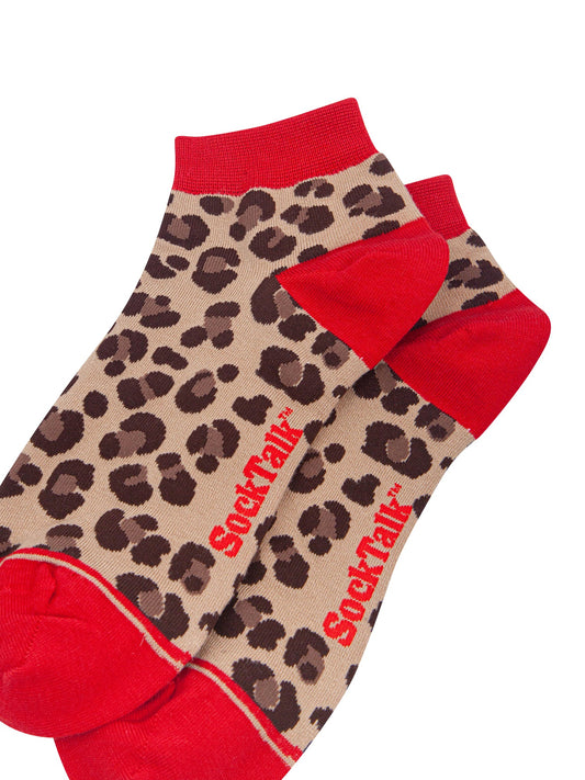 Leopard-Print-Women's-Bamboo-Trainer-Socks-in-Beige/Red-Close-Up