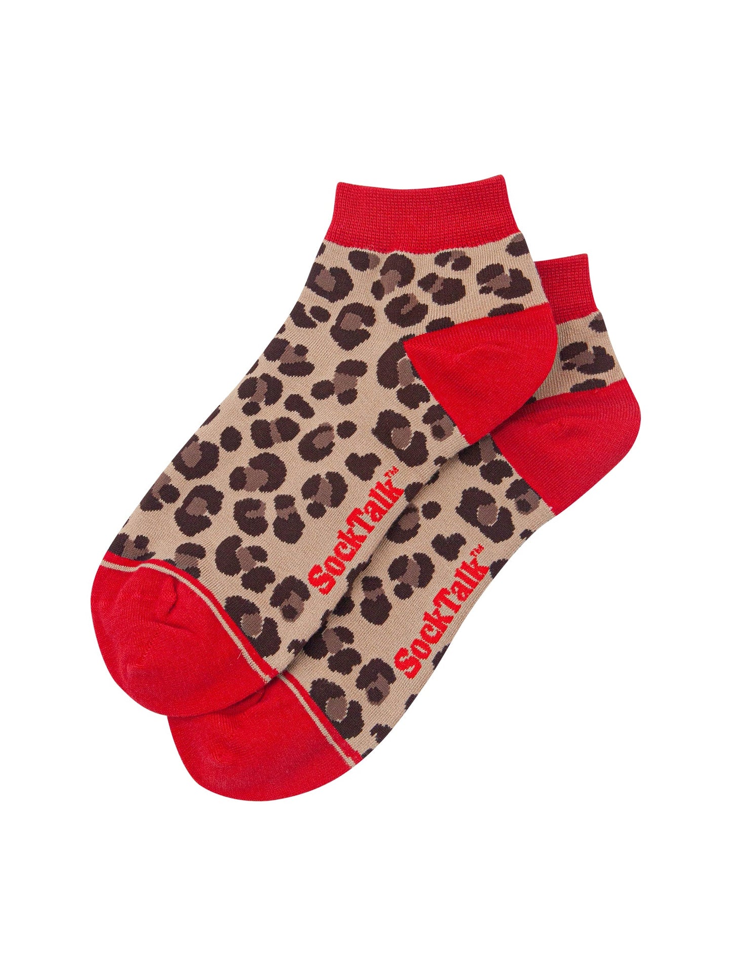 Leopard-Print-Women's-Bamboo-Trainer-Socks-in-Beige/Red-Laid-Flat