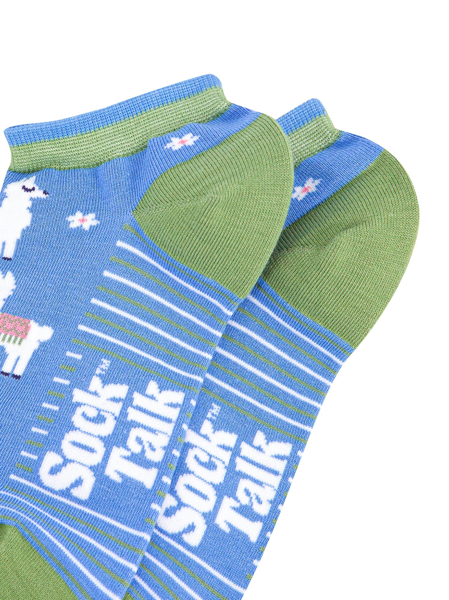 Llama-Floral-Bamboo-Trainer-Socks-in-Blue-Closeup