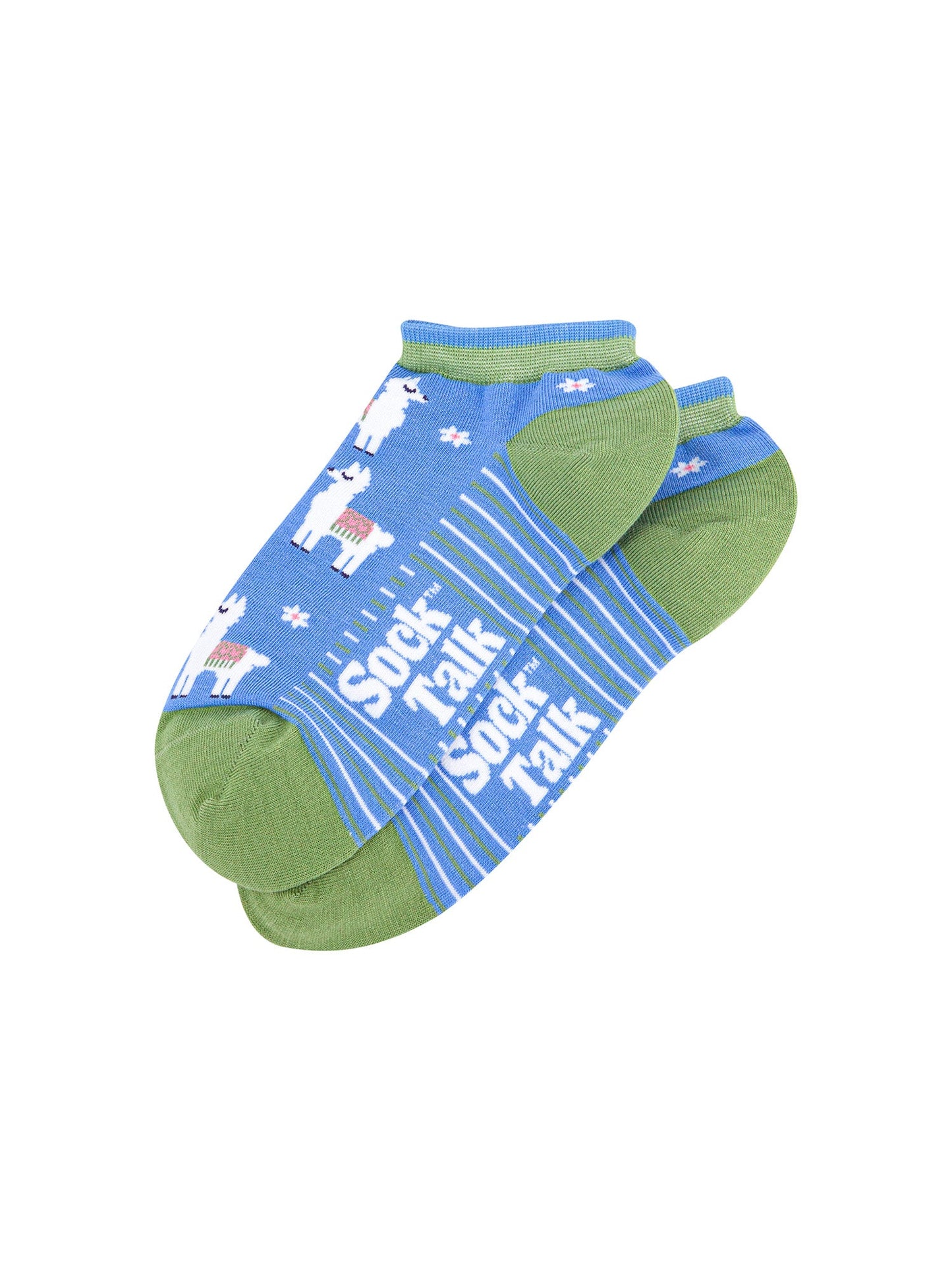 Llama-Floral-Bamboo-Trainer-Socks-in-Blue-Lying-Flat