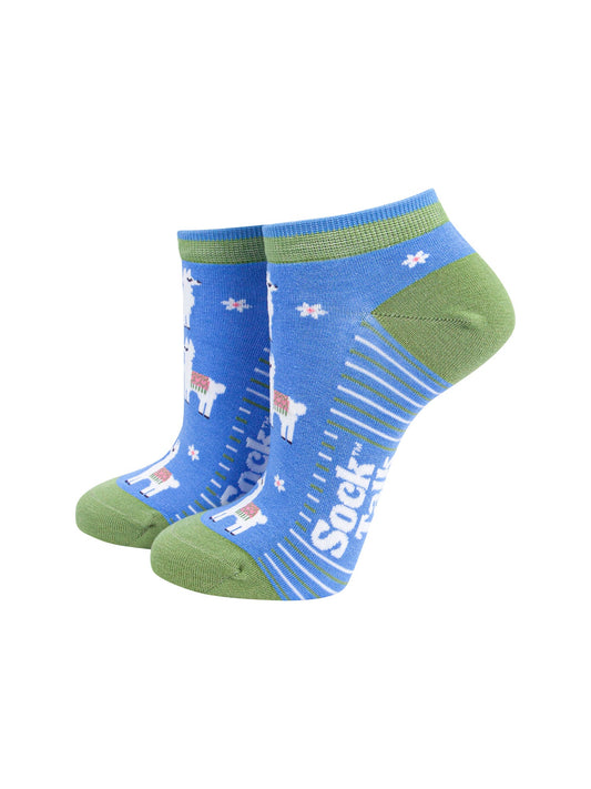 Llama-Floral-Bamboo-Trainer-Socks-in-Blue-Mannequin