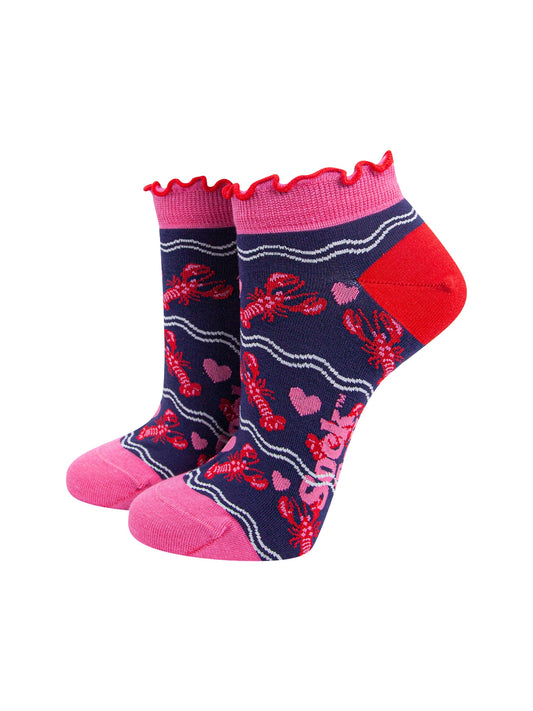 Lobsters-in-Love-Bamboo-Trainer-Socks-in-Navy-Blue-On-Mannequin