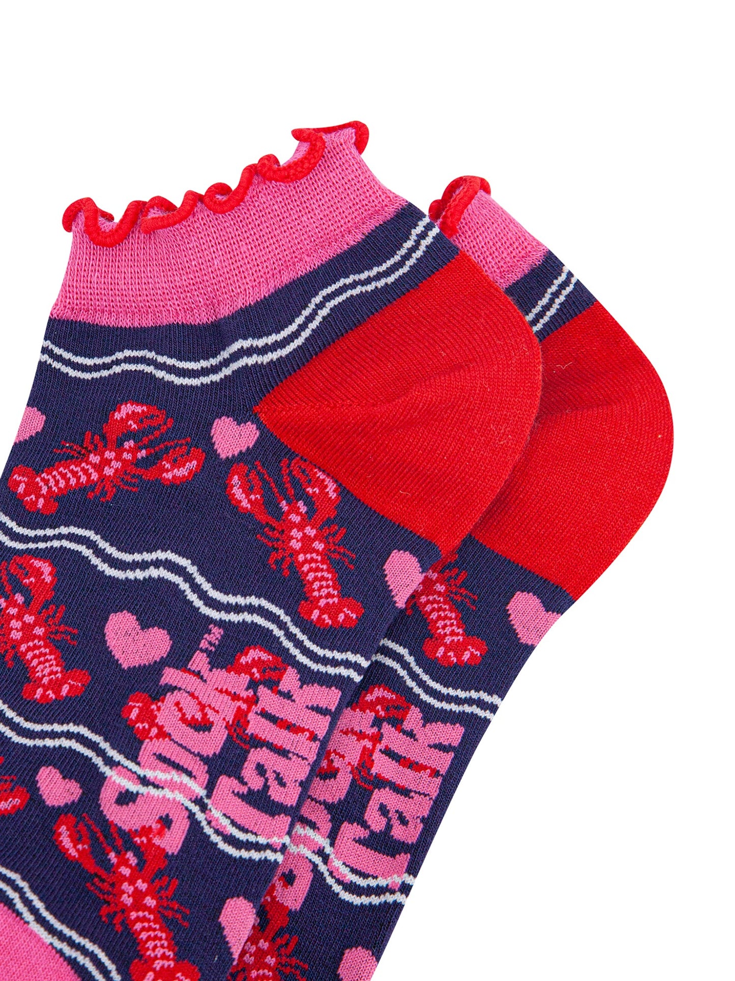 Lobsters-in-Love-Bamboo-Trainer-Socks-in-Navy-Blue-Close-Up