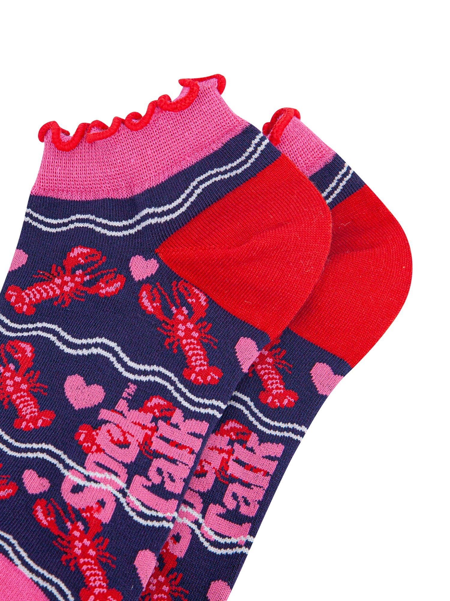 Lobsters-in-Love-Bamboo-Trainer-Socks-in-Navy-Blue-Close-Up