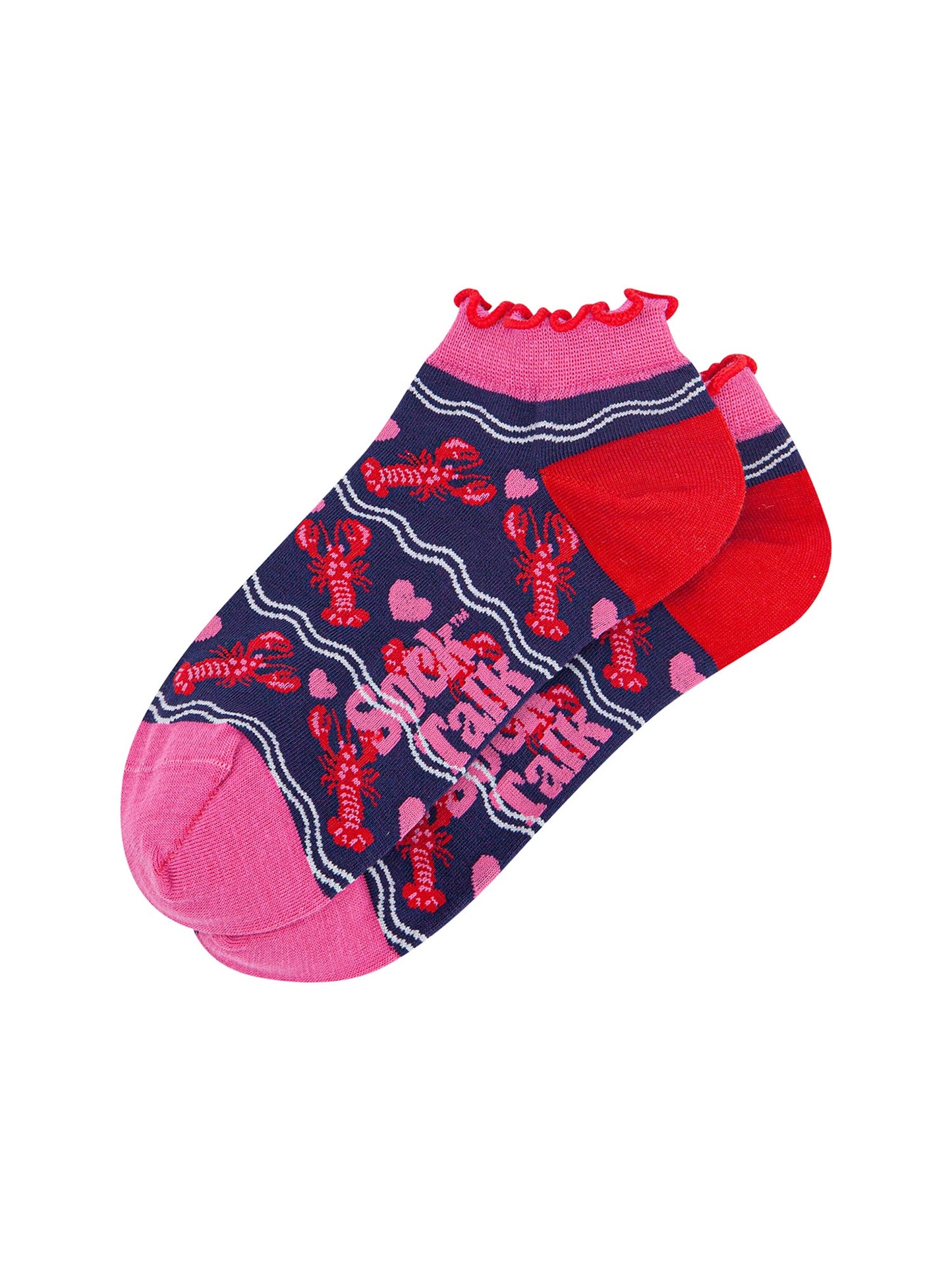 Lobsters-in-Love-Bamboo-Trainer-Socks-in-Navy-Blue-Laid-Flat