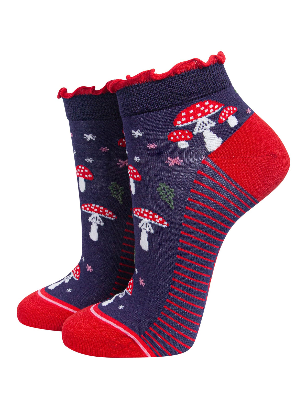 Toadstools-Women's-Bamboo-Trainer-Socks-in-Navy-Blue-On-Mannequin