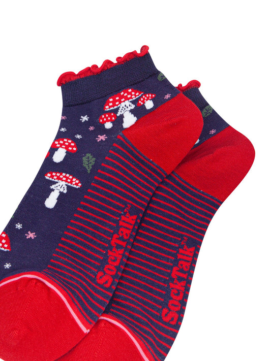 Toadstools-Women's-Bamboo-Trainer-Socks-in-Navy-Blue-Close-Up