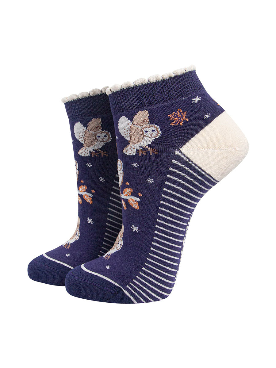 Barn Owl Women's Bamboo Trainer Socks in Navy Blue