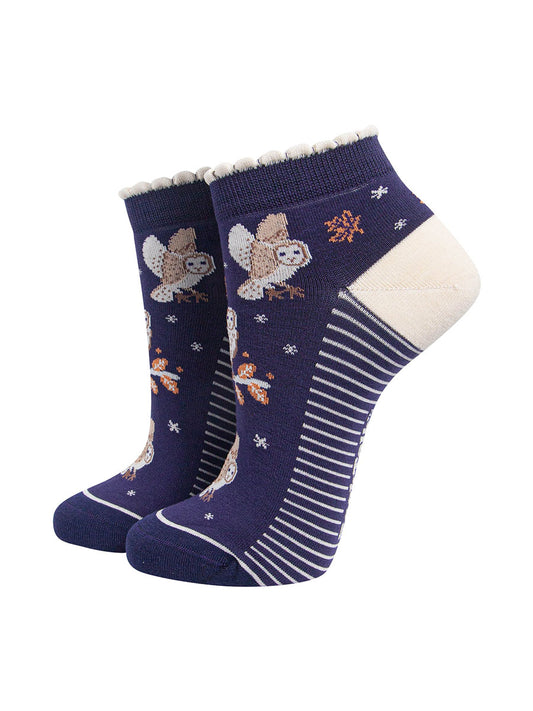Barn Owl Women's Bamboo Trainer Socks in Navy Blue