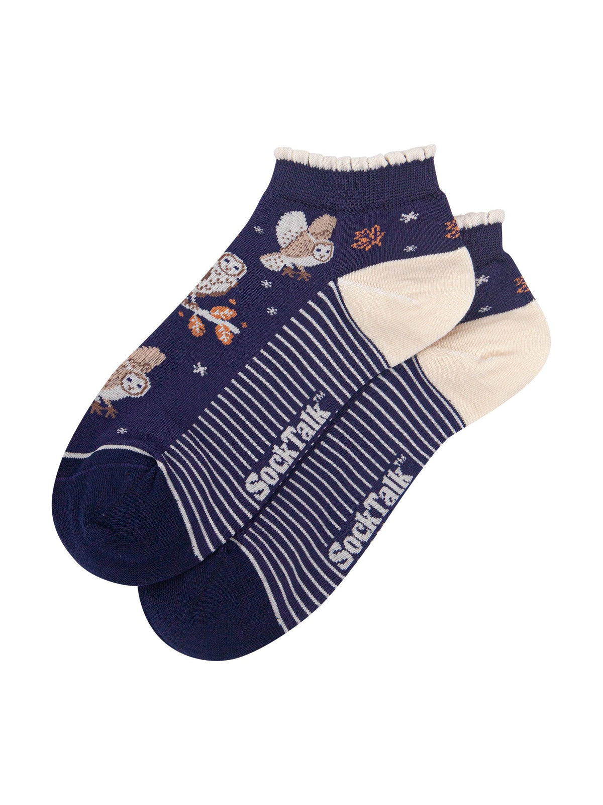 Barn-Owl-Women's-Bamboo-Trainer-Socks-in-Navy-Blue-Laid-Flat