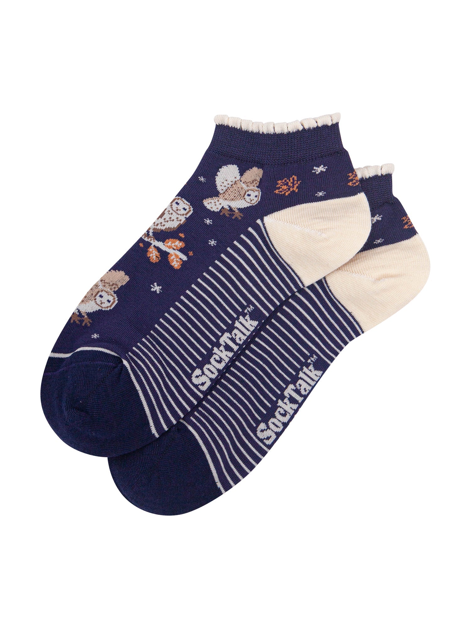 Barn-Owl-Women's-Bamboo-Trainer-Socks-in-Navy-Blue-Laid-Flat