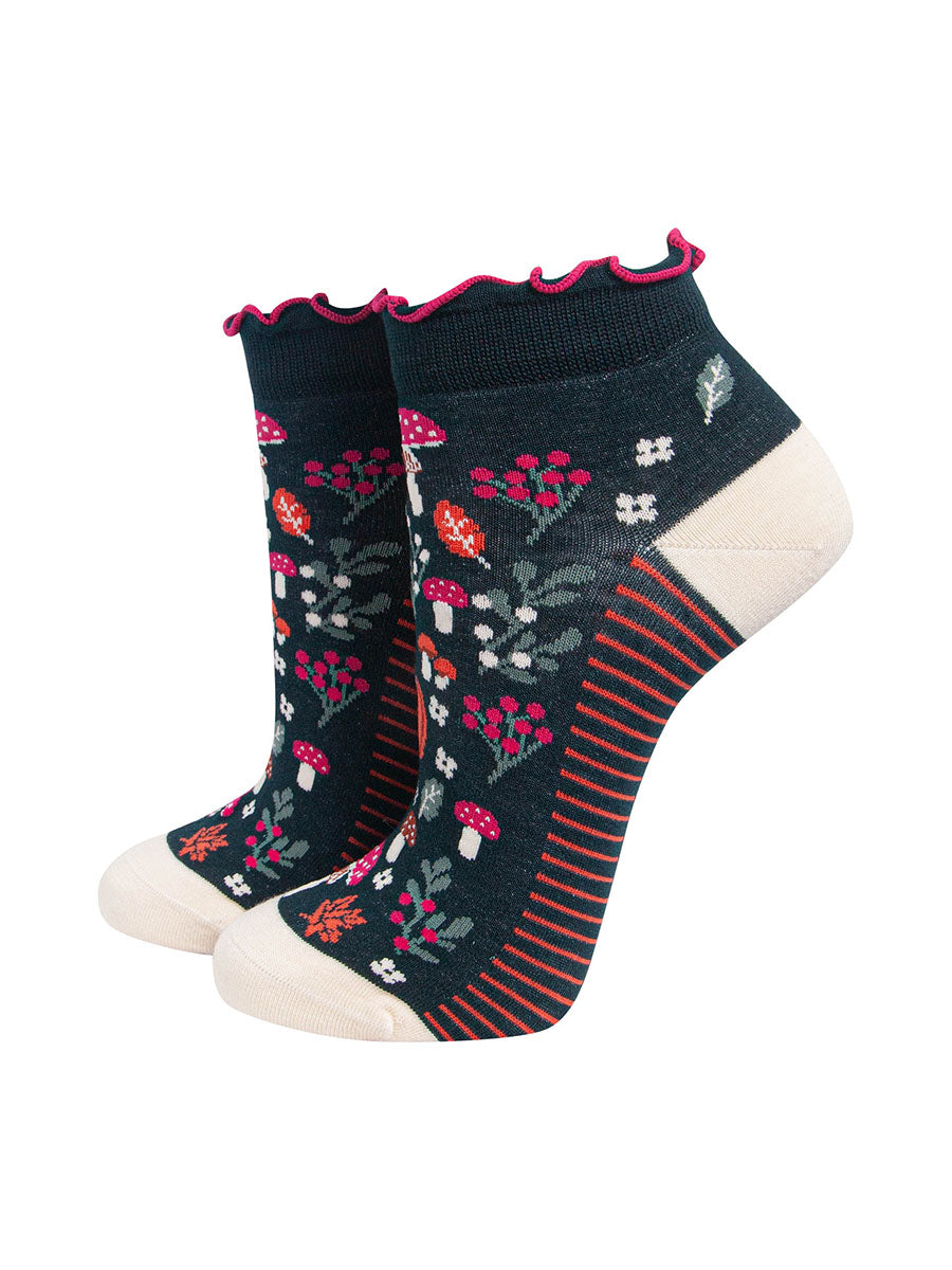 Pumpkin Floral Women's Bamboo Trainer Socks in Dark Green