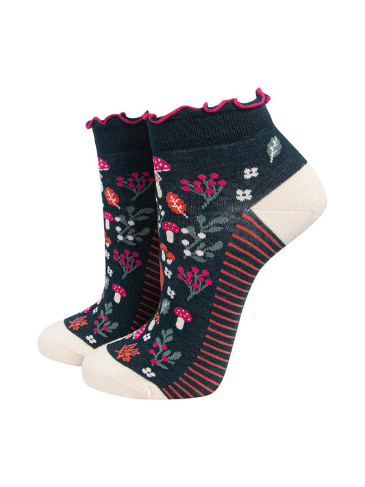 Pumpkin Floral Women's Bamboo Trainer Socks in Dark Green