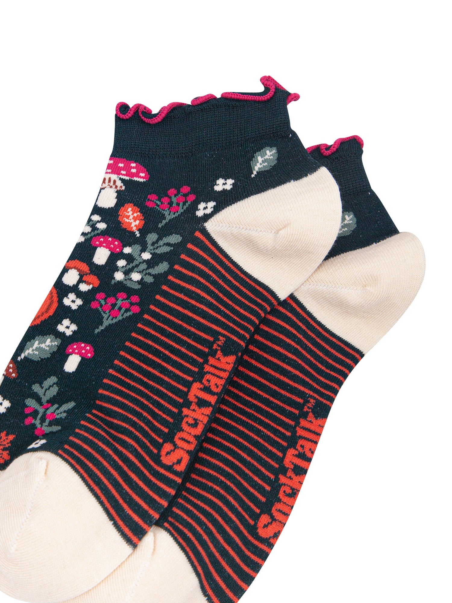 Pumpkin-Floral-Women's-Bamboo-Trainer-Socks-in-Dark-Green-Laid-Flat