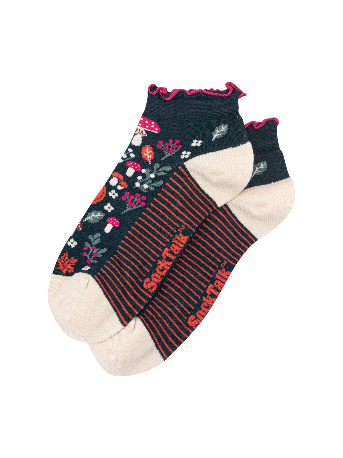 Pumpkin-Floral-Women's-Bamboo-Trainer-Socks-in-Dark-Green-Close-Up