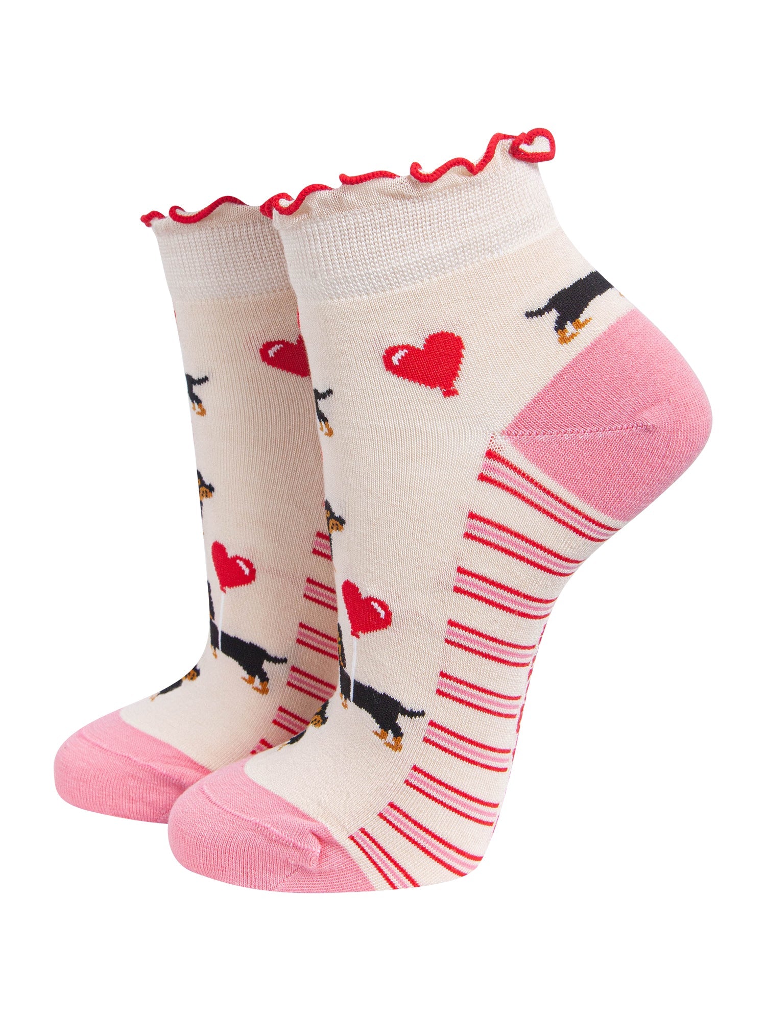 Sausage-Dog-&-Heart-Balloon-Women's-Bamboo-Trainer-Socks-in-Cream-On-Mannequin