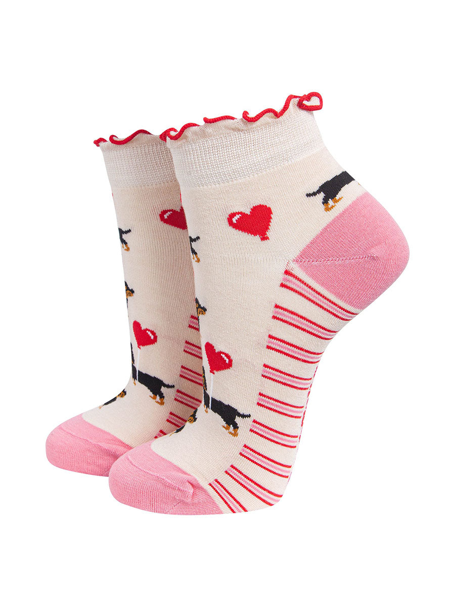 Sausage Dog & Heart Balloon Women's Bamboo Trainer Socks in Cream