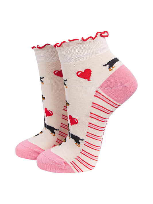 Sausage Dog & Heart Balloon Women's Bamboo Trainer Socks in Cream