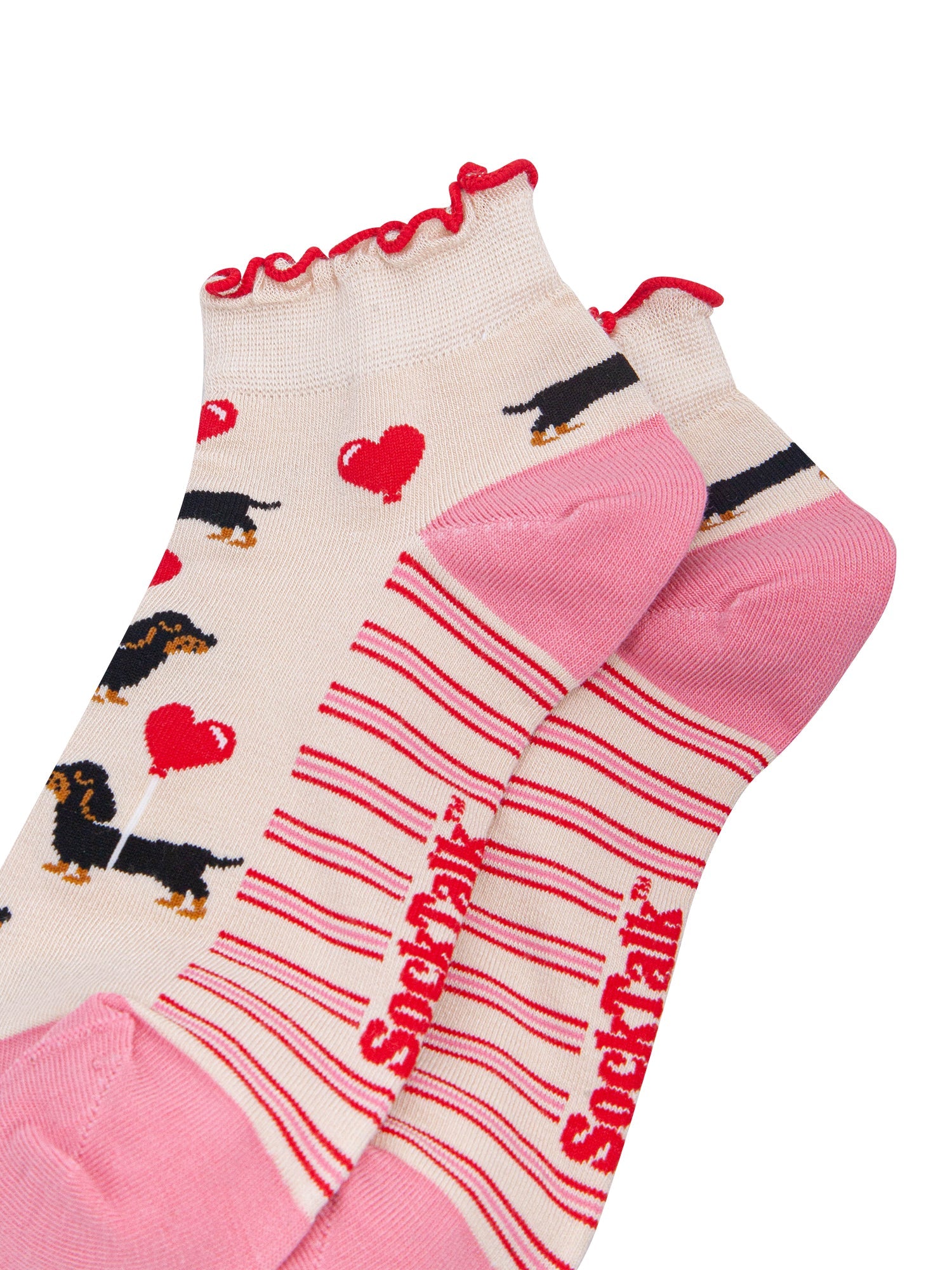 Sausage-Dog-&-Heart-Balloon-Women's-Bamboo-Trainer-Socks-in-Cream-Close-Up