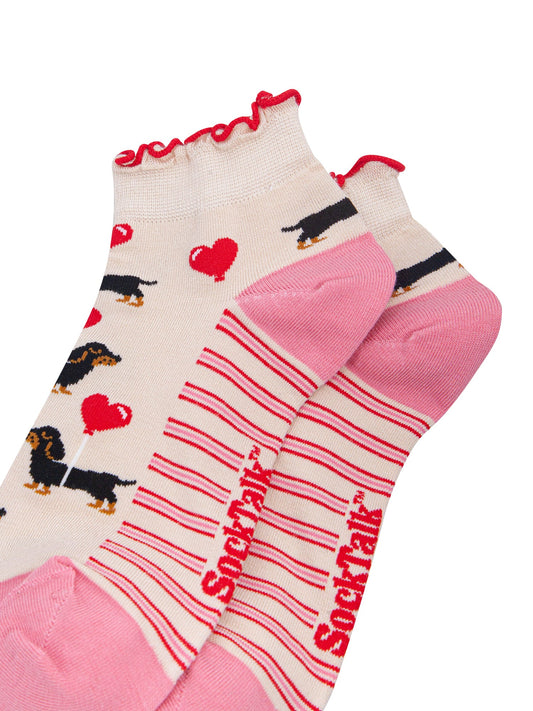 Sausage-Dog-&-Heart-Balloon-Women's-Bamboo-Trainer-Socks-in-Cream-Close-Up