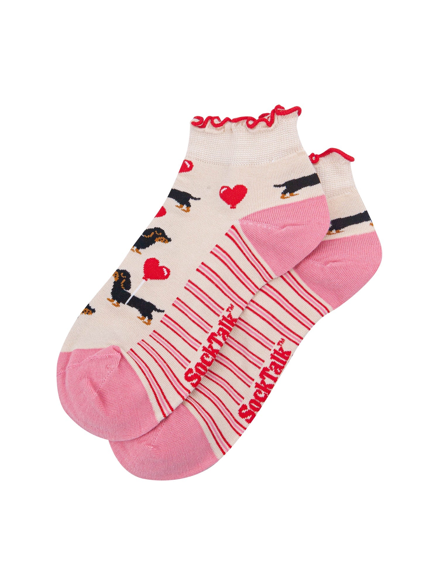 Sausage-Dog-&-Heart-Balloon-Women's-Bamboo-Trainer-Socks-in-Cream-Laid-Flat