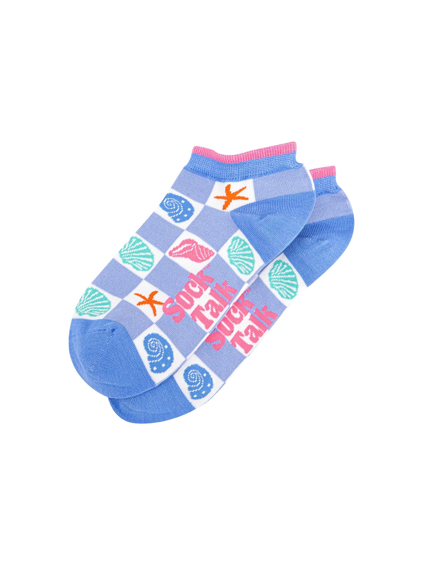 Seashell-Checkerboard-Bamboo-Trainer-Socks-in-Blue-Lying-Flat