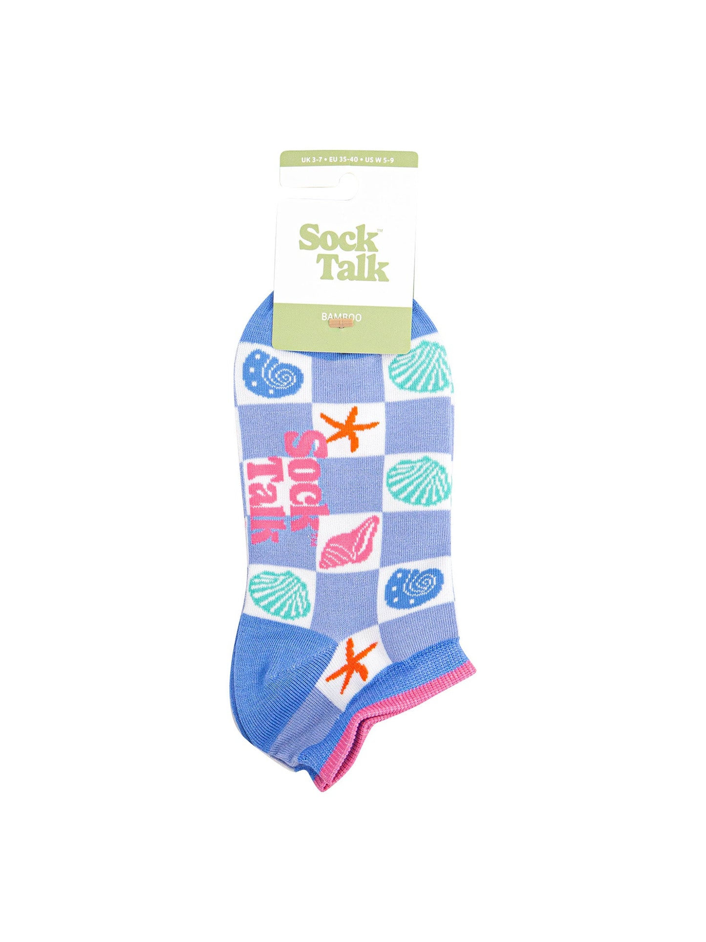 Seashell-Checkerboard-Bamboo-Trainer-Socks-in-Blue-In-Packaging