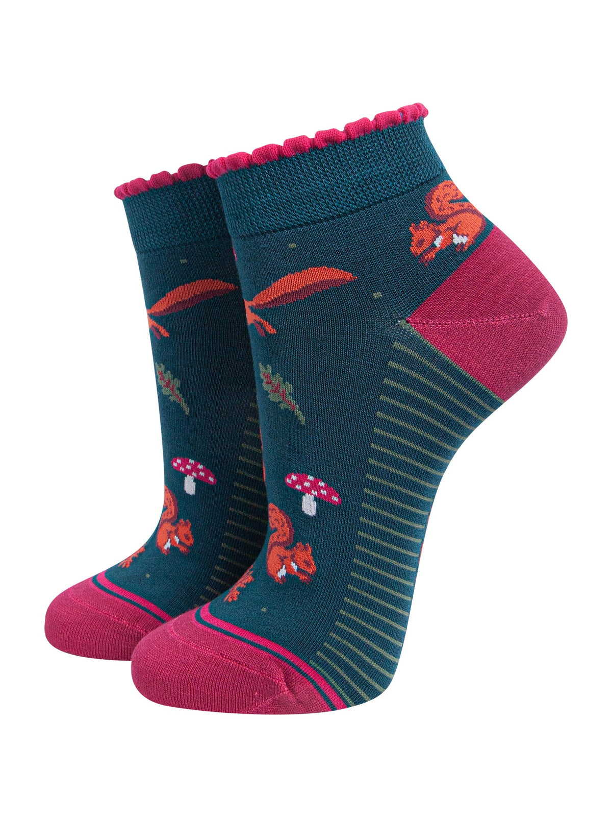 Squirrel-Women's-Bamboo-Trainer-Socks-in-Forest-Green-On-Mannequin