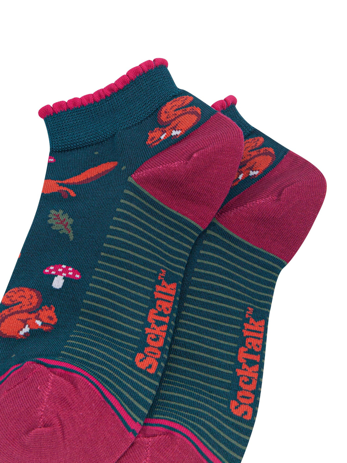 Squirrel-Women's-Bamboo-Trainer-Socks-in-Forest-Green-Laid-Flat