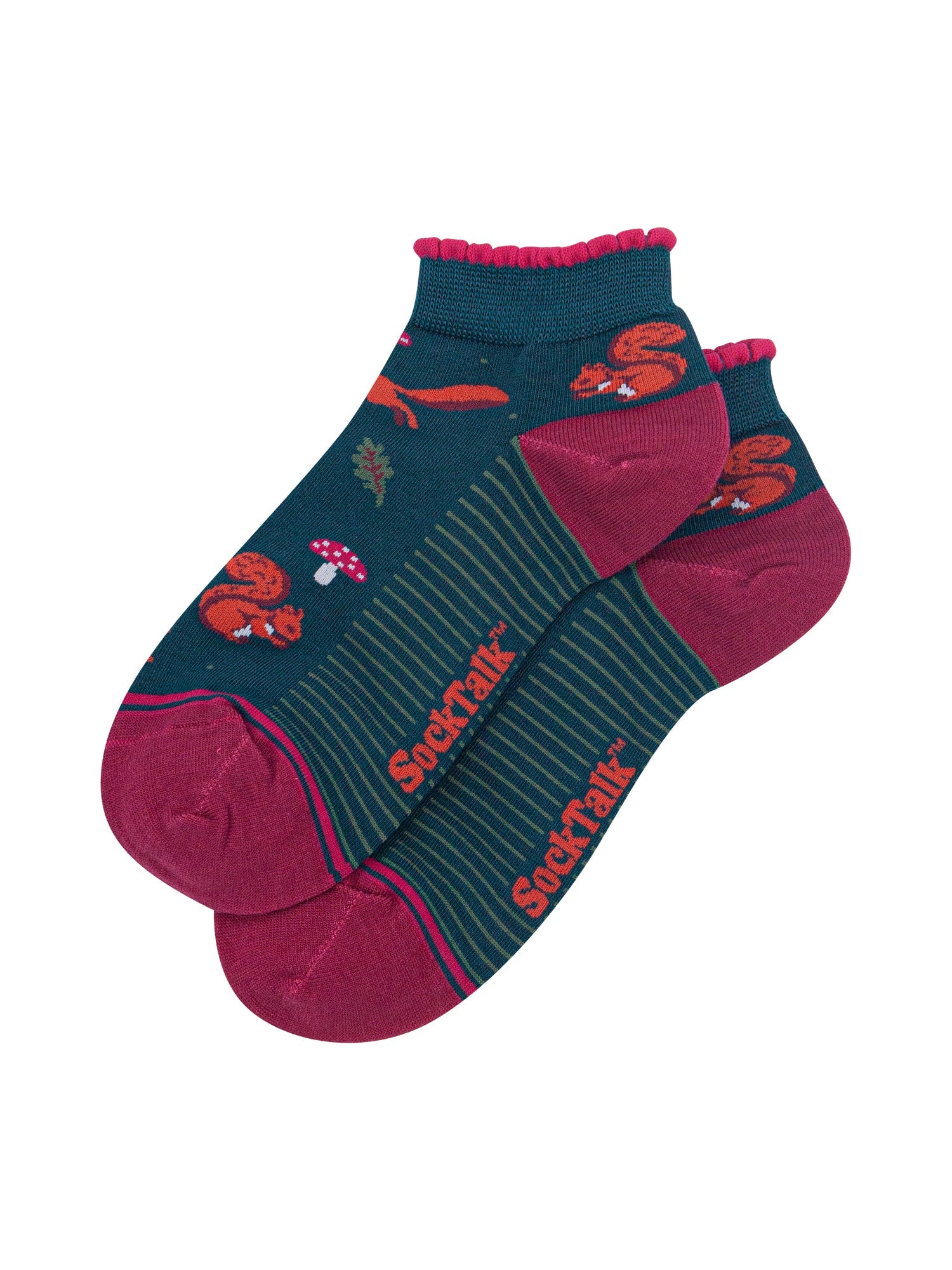 Squirrel-Women's-Bamboo-Trainer-Socks-in-Forest-Green-Close-Up