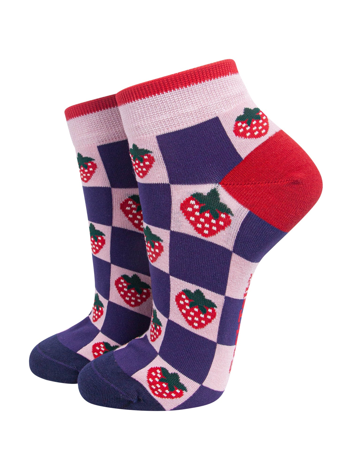 Strawberry-Squares-Women's-Bamboo-Socks-in-Pink/Navy-Blue-On-Mannequin