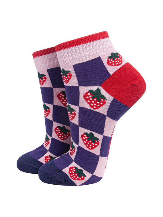 Strawberry Squares Women's Bamboo Socks in Pink/Navy Blue