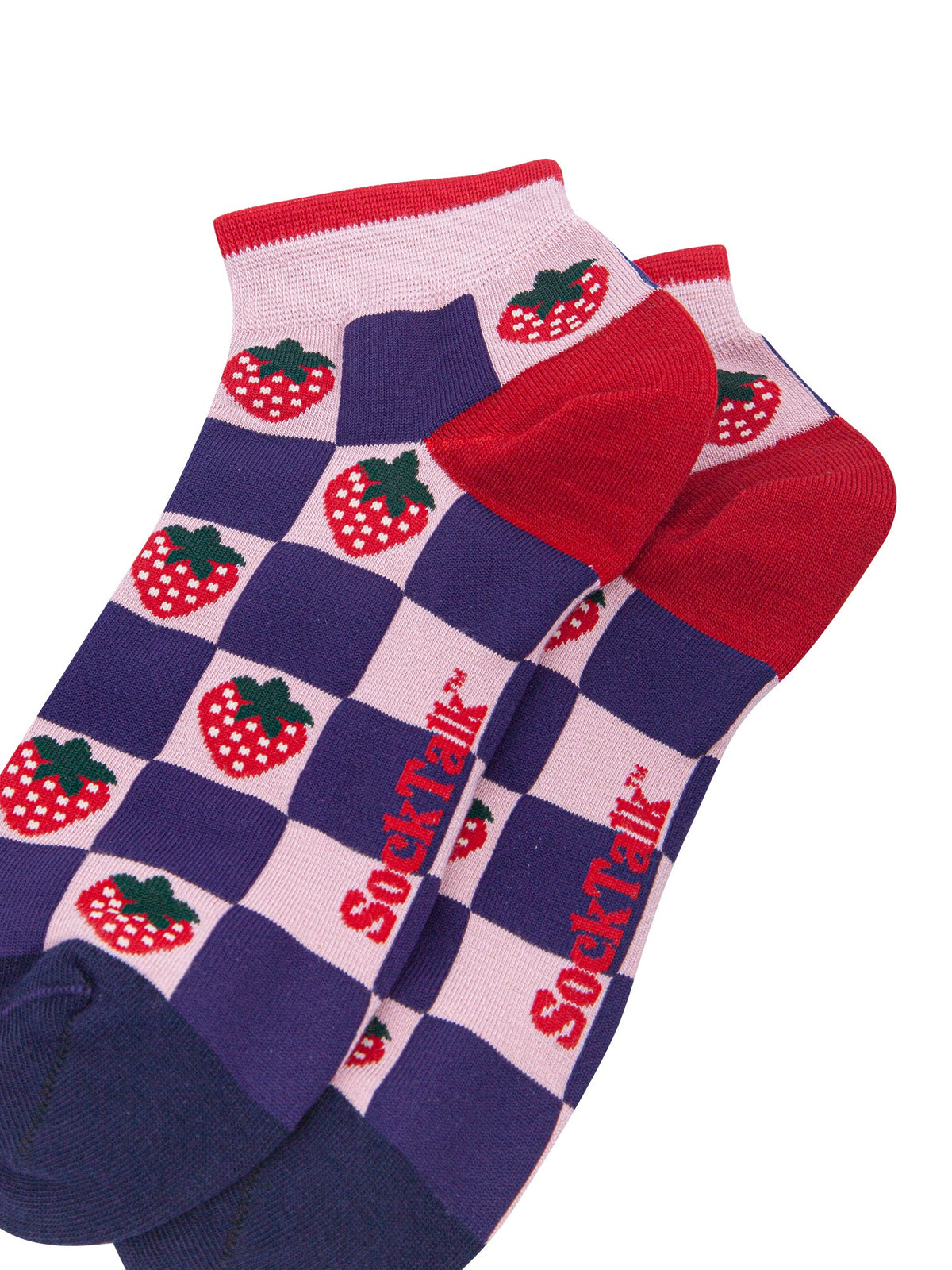 Strawberry-Squares-Women's-Bamboo-Socks-in-Pink/Navy-Blue-Laid-Flat