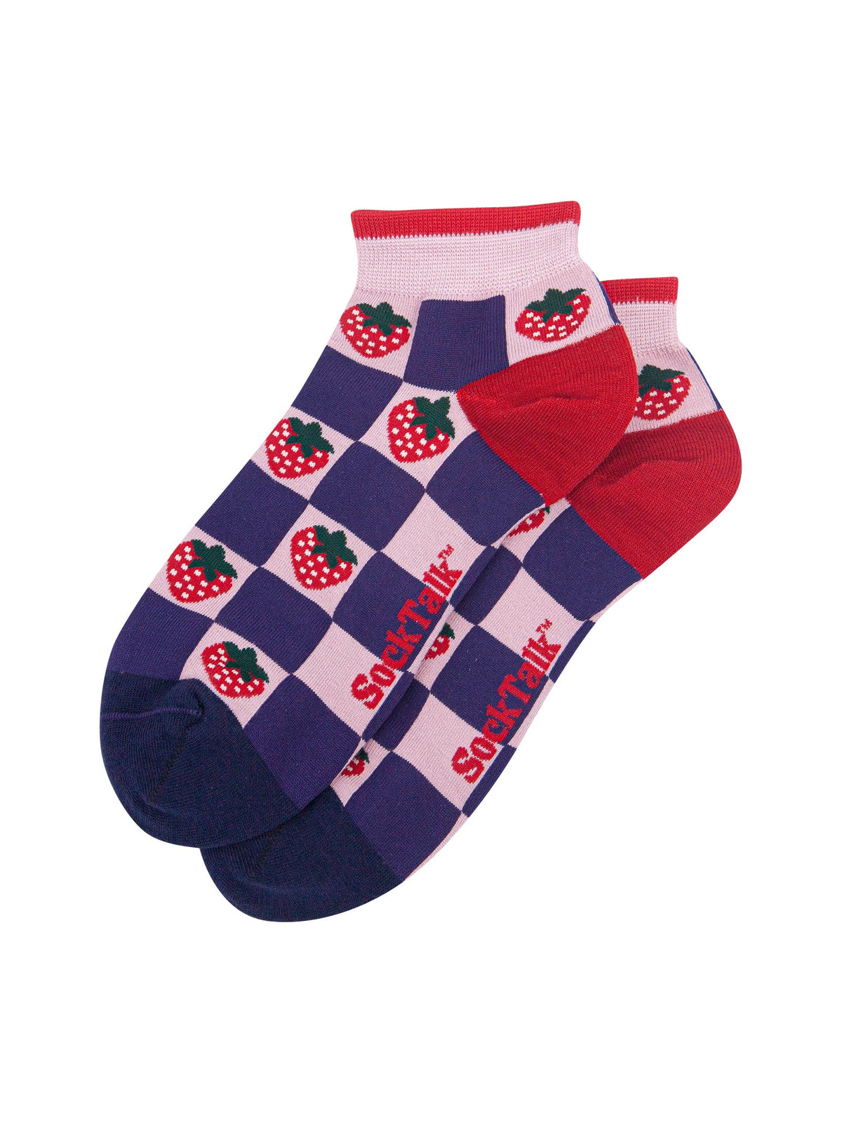 Strawberry-Squares-Women's-Bamboo-Socks-in-Pink/Navy-Blue-In-Packaging