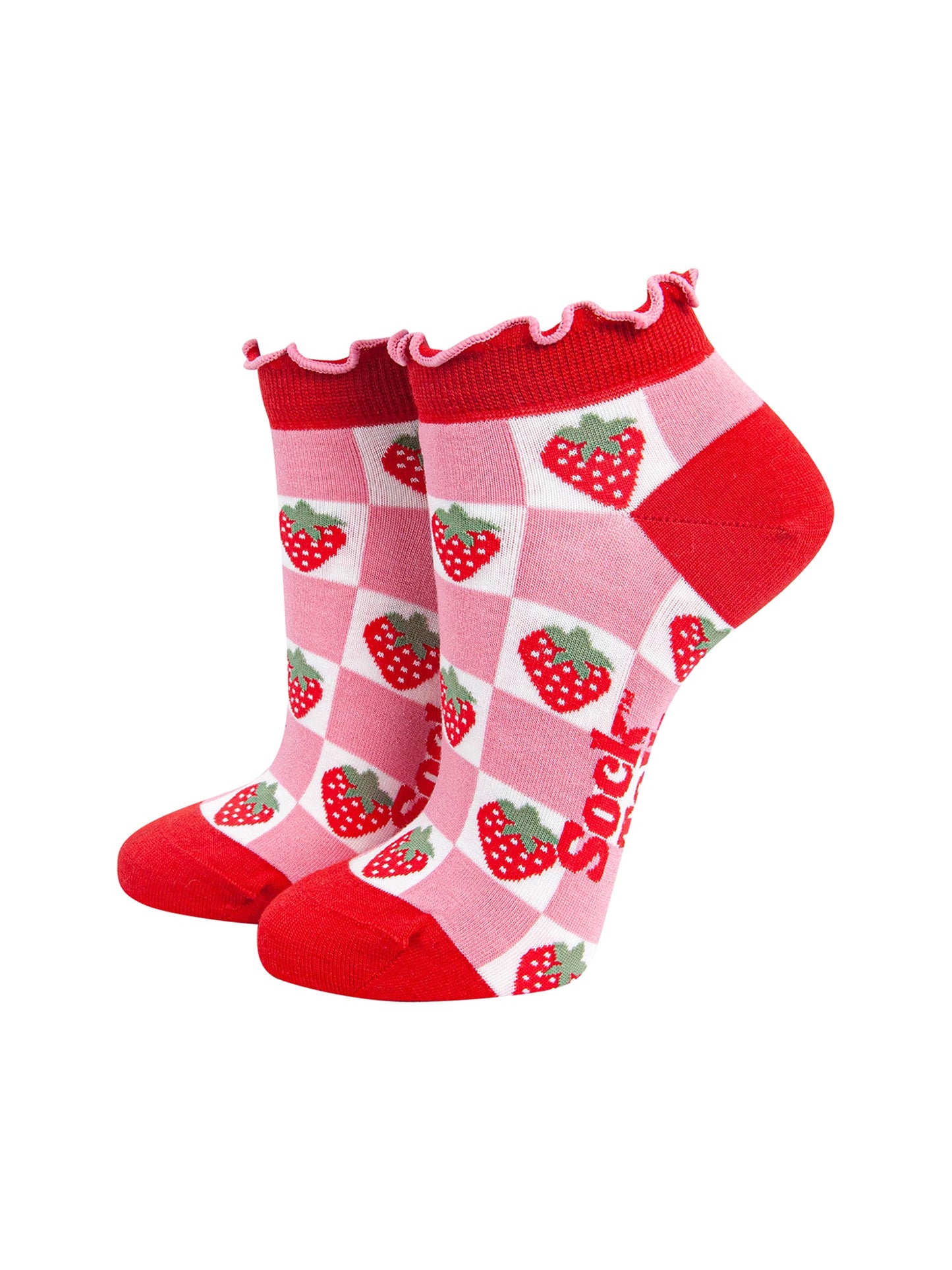 Strawberry-Checkerboard-Bamboo-Trainer-Socks-in-Red-On-Mannequin