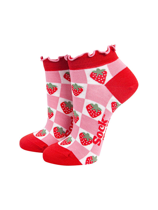 Strawberry-Checkerboard-Bamboo-Trainer-Socks-in-Red-On-Mannequin