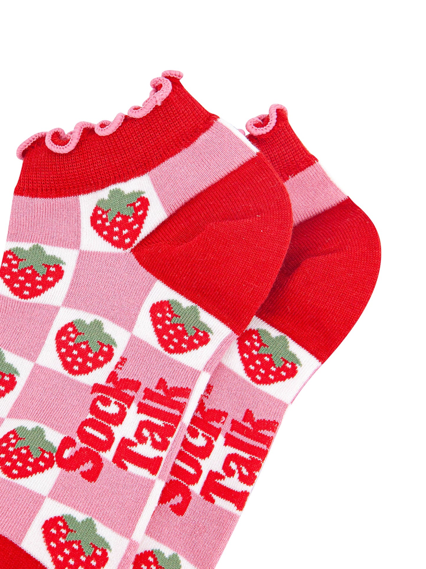 Strawberry-Checkerboard-Bamboo-Trainer-Socks-in-Red-Close-Up