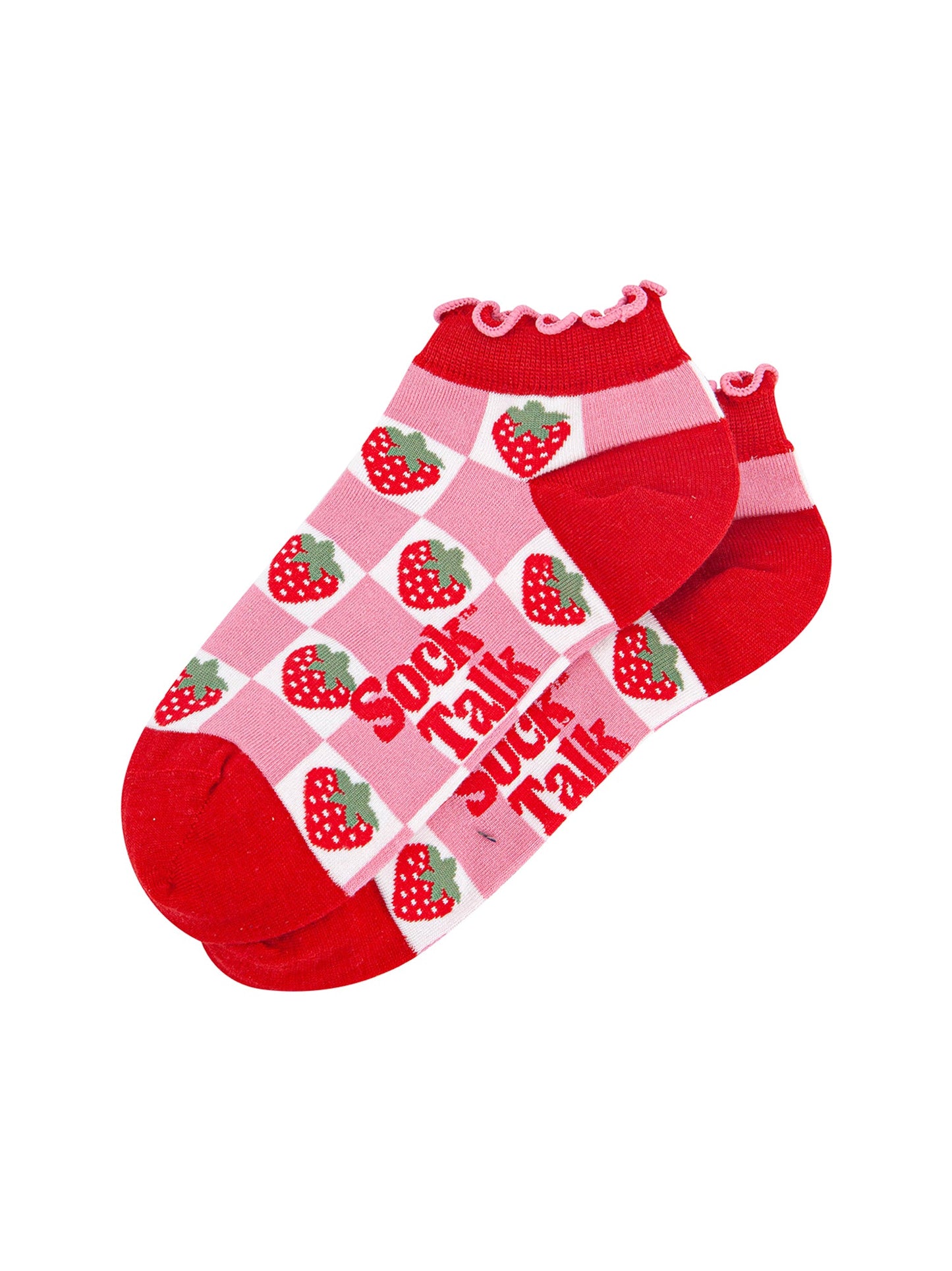 Strawberry-Checkerboard-Bamboo-Trainer-Socks-in-Red-Laid-Flat