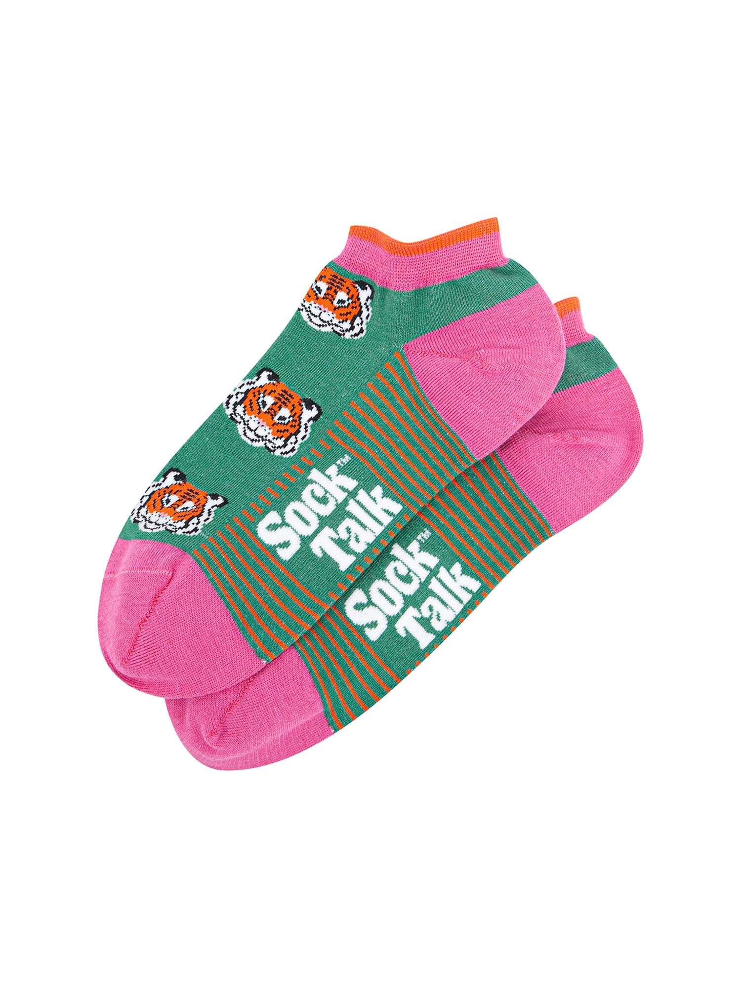 Tiger-Faces-Bamboo-Trainer-Socks-in-Green-Lying-Flat