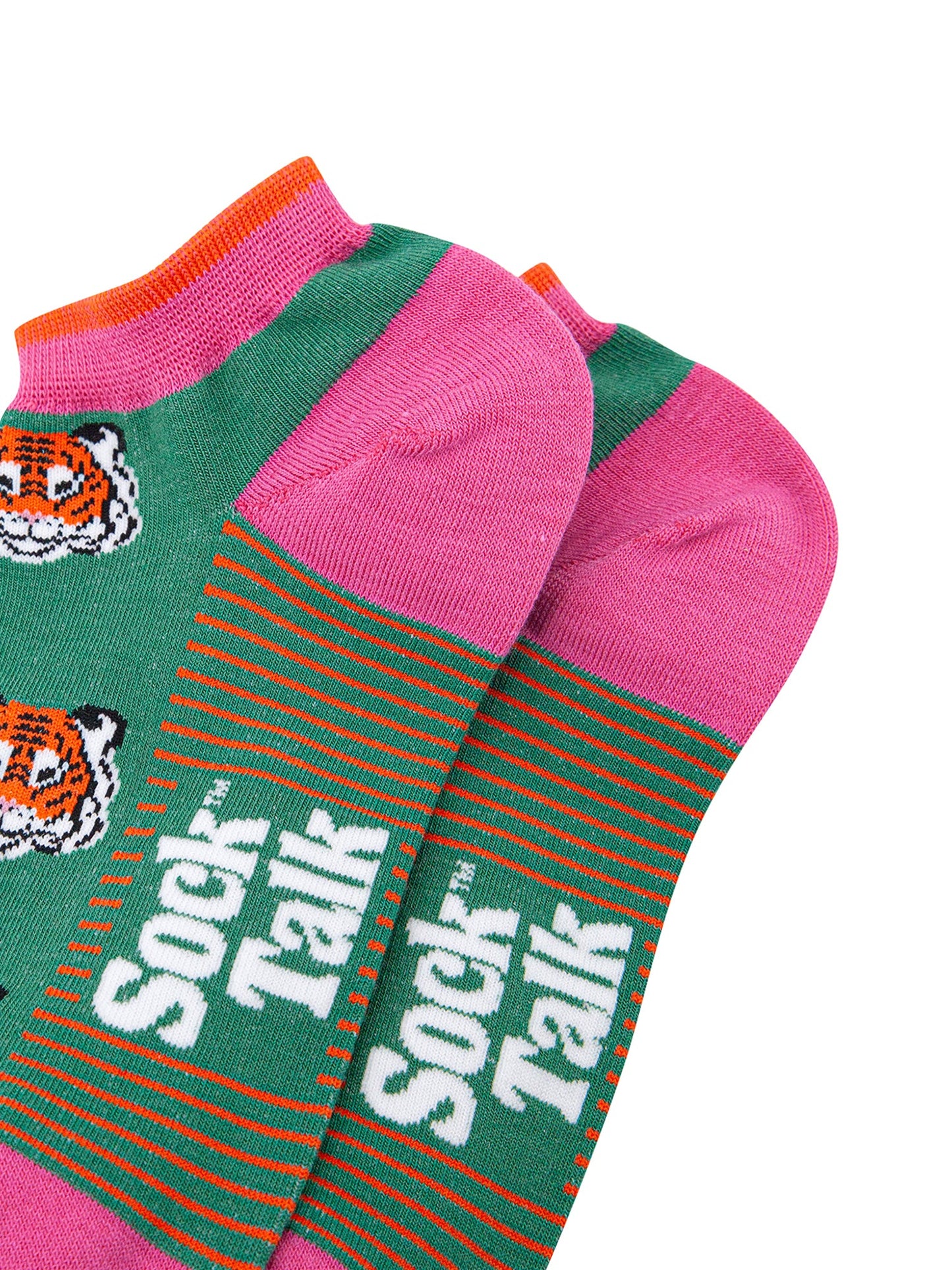 Tiger-Faces-Bamboo-Trainer-Socks-in-Green-Closeup