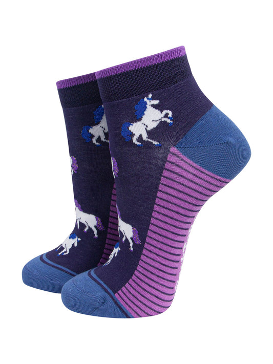 Unicorn-Women's-Bamboo-Trainer-Socks-in-Navy-Blue-On-Mannequin