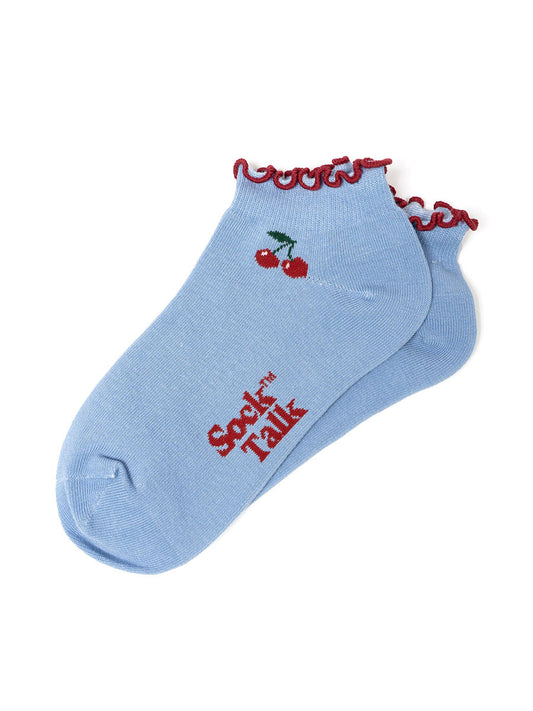 Cherry-Frilled-Cuff-Combed-Cotton-Trainer-Socks-in-Blue-Lying-Flat