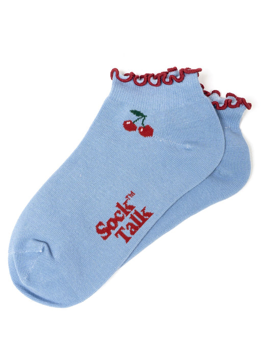 Cherry-Frilled-Cuff-Combed-Cotton-Trainer-Socks-in-Blue-Lying-Flat