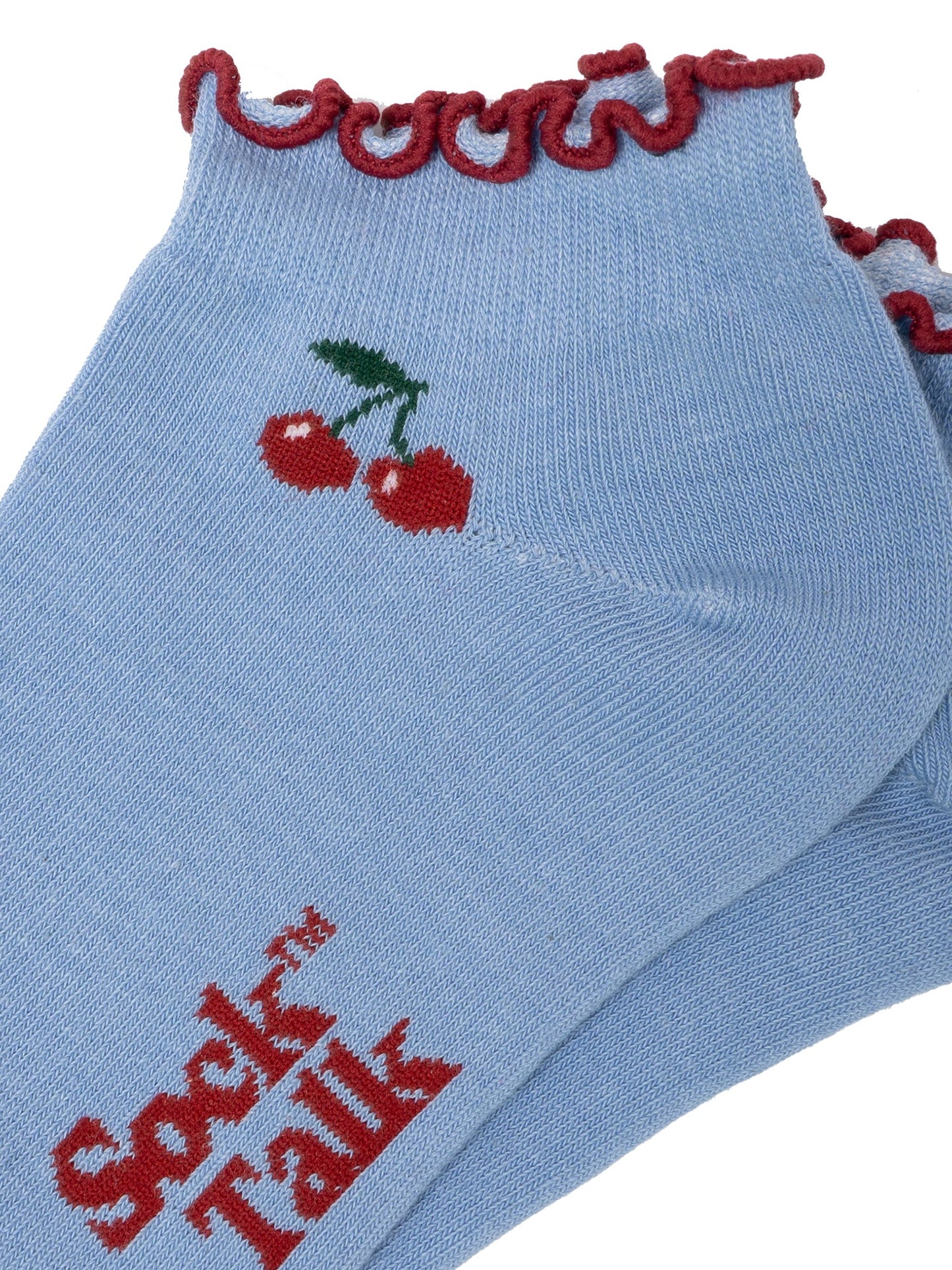Cherry-Frilled-Cuff-Combed-Cotton-Trainer-Socks-in-Blue-Closeup