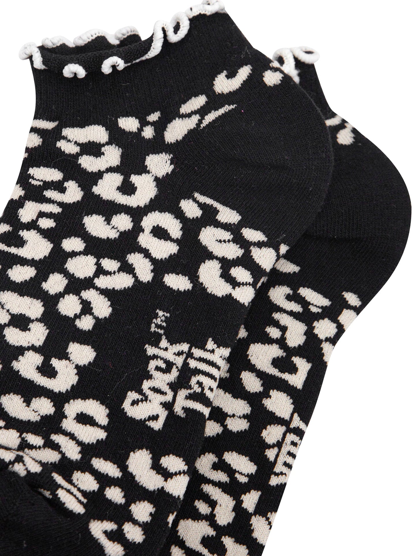 Leopard-Print-Frilled-Cuff-Combed-Cotton-Trainer-Socks-in-Black-Closeup